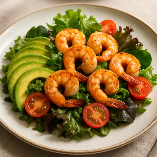 Салат с жареными креветками и авокадо