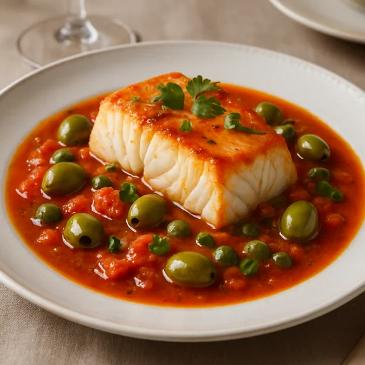 Треска в томатном соусе с оливками и каперсами