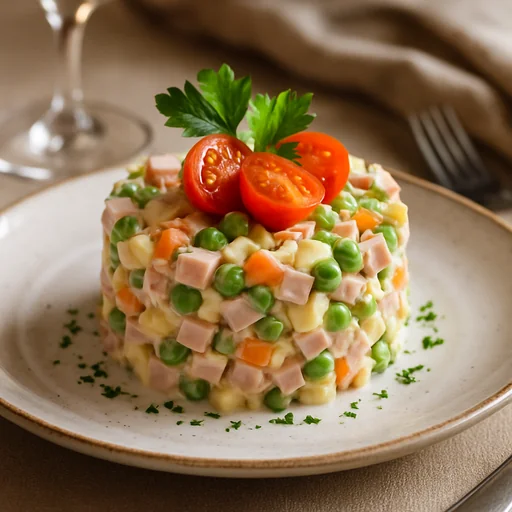 Оливье с ветчиной и свежими овощами