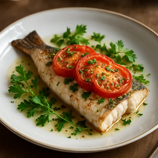 Судак, запечённый с помидорами и зеленью