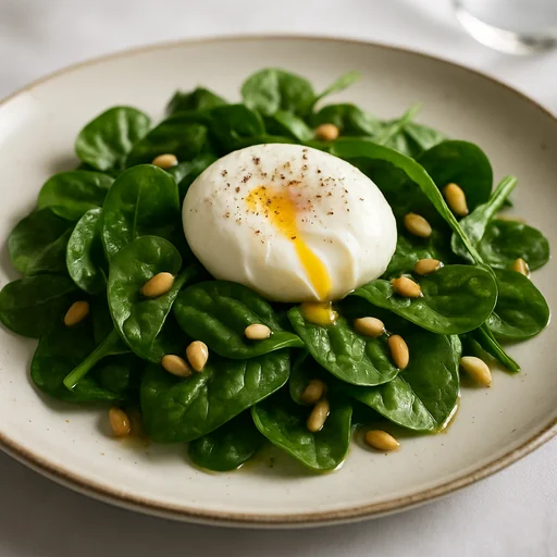 Шпинатный салат с яйцом пашот и кедровыми орешками